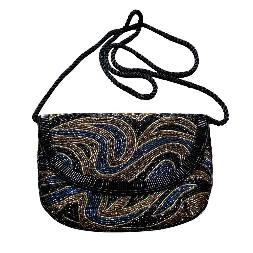 Vintage 1980’s La Regale black beaded evening bag shoulderbag multicolor beads